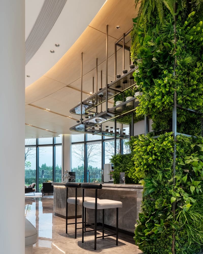 Modern office bar — vertical garden with hanging plants